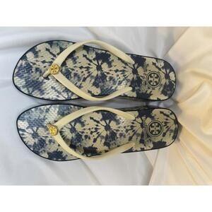 Tory Burch blue floral wedge flip flops size 8/8.5